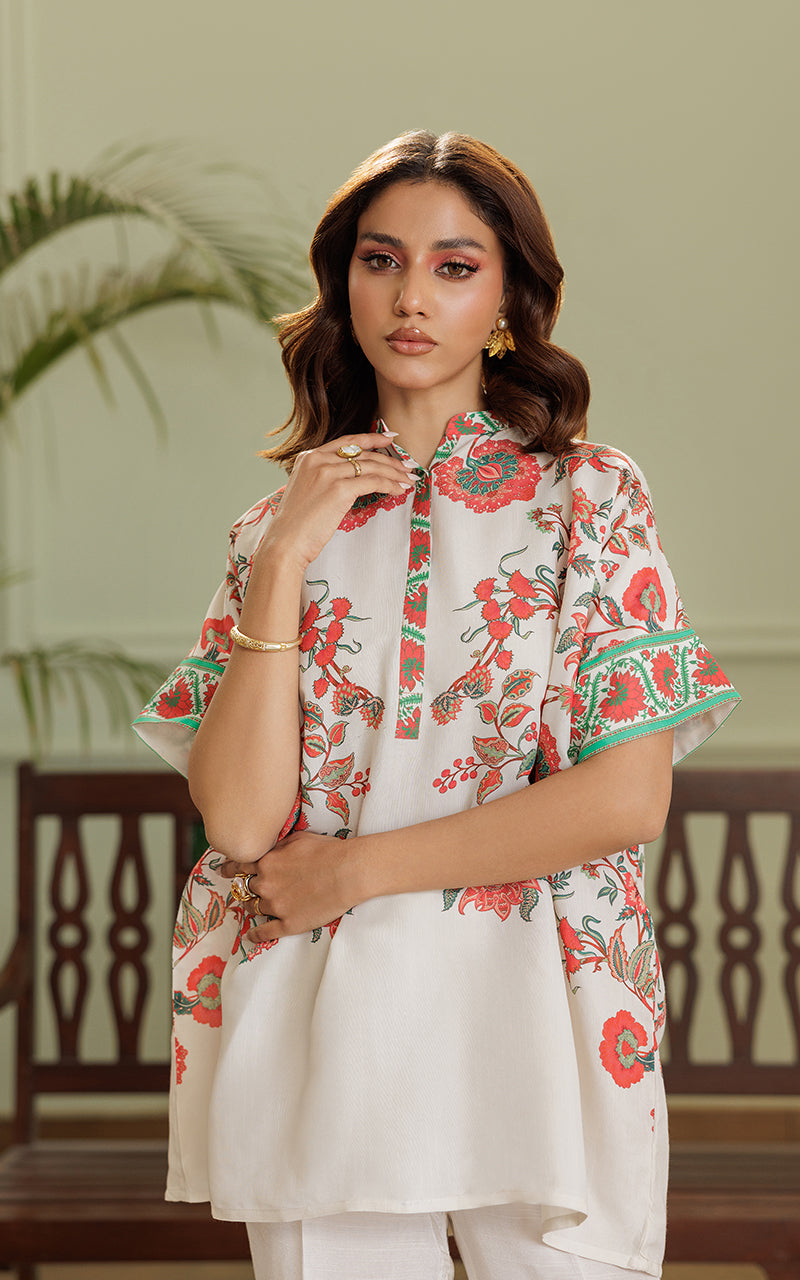 Ivory Floral Printed Viscose Silk Salwar Kameez (2-Piece) - Image 4