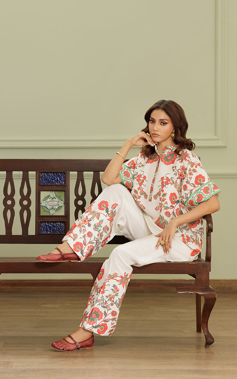 Ivory Floral Printed Viscose Silk Salwar Kameez (2-Piece) - Image 5