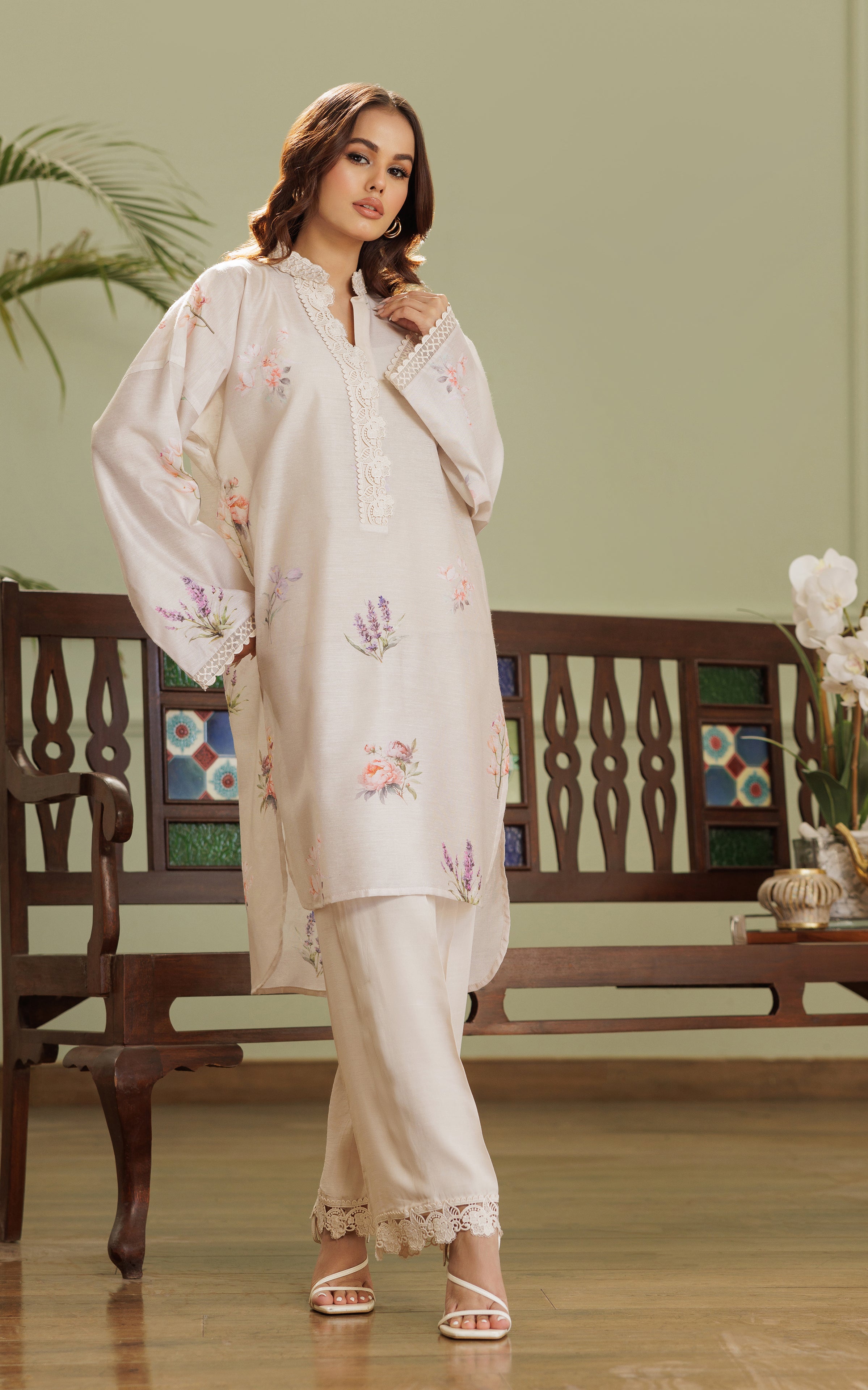 Pakistani Ivory Printed Viscose Silk Salwar Kameez (2-Piece) - Image 1