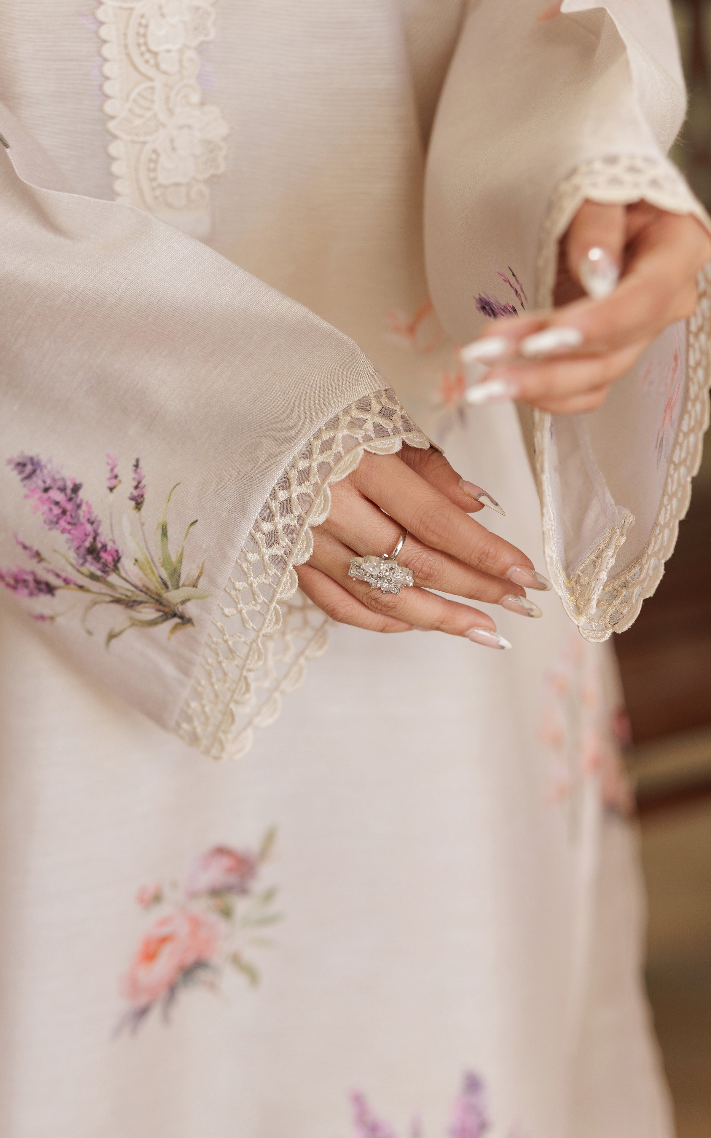 Pakistani Ivory Printed Viscose Silk Salwar Kameez (2-Piece) - Image 2