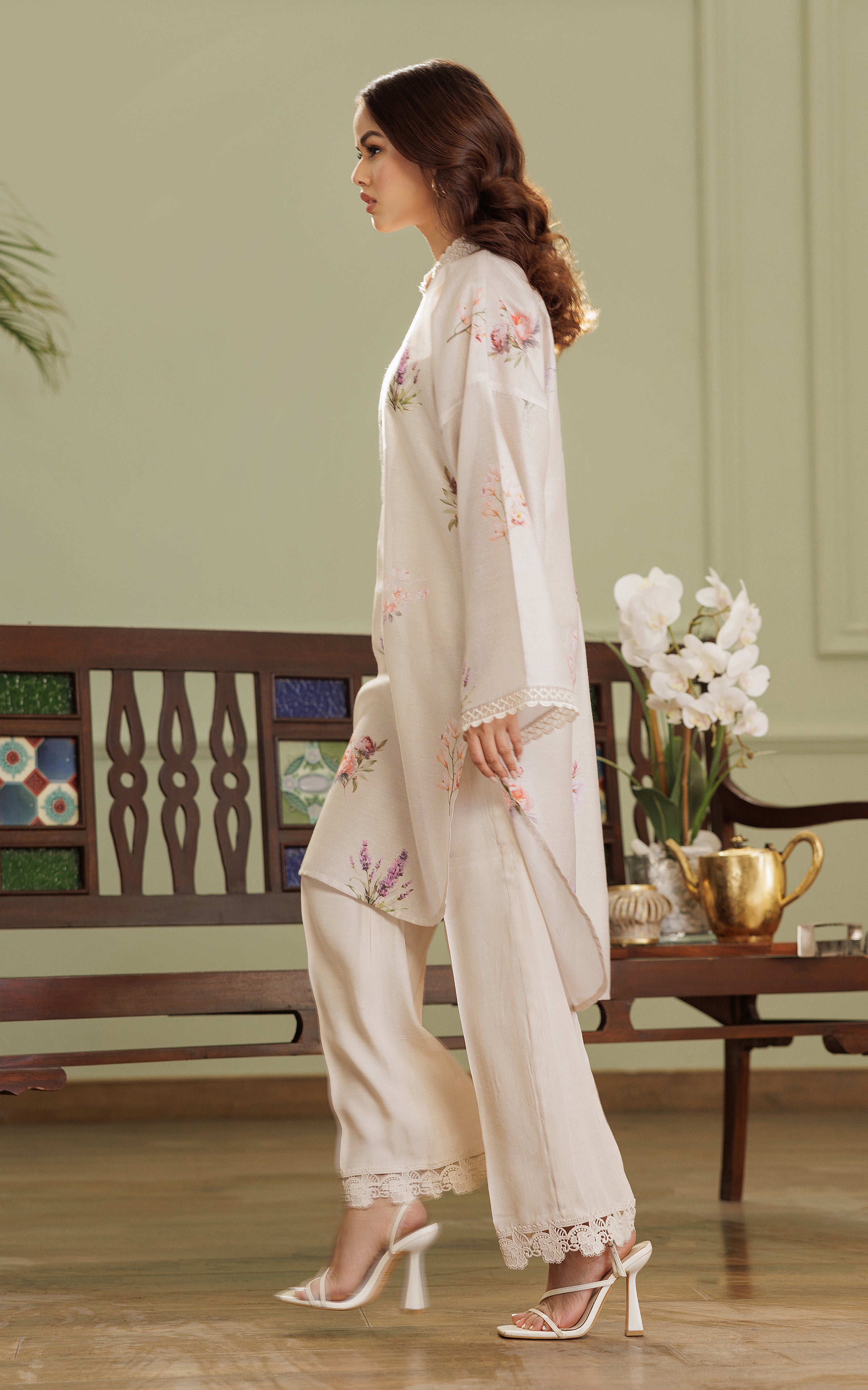 Pakistani Ivory Printed Viscose Silk Salwar Kameez (2-Piece) - Image 3