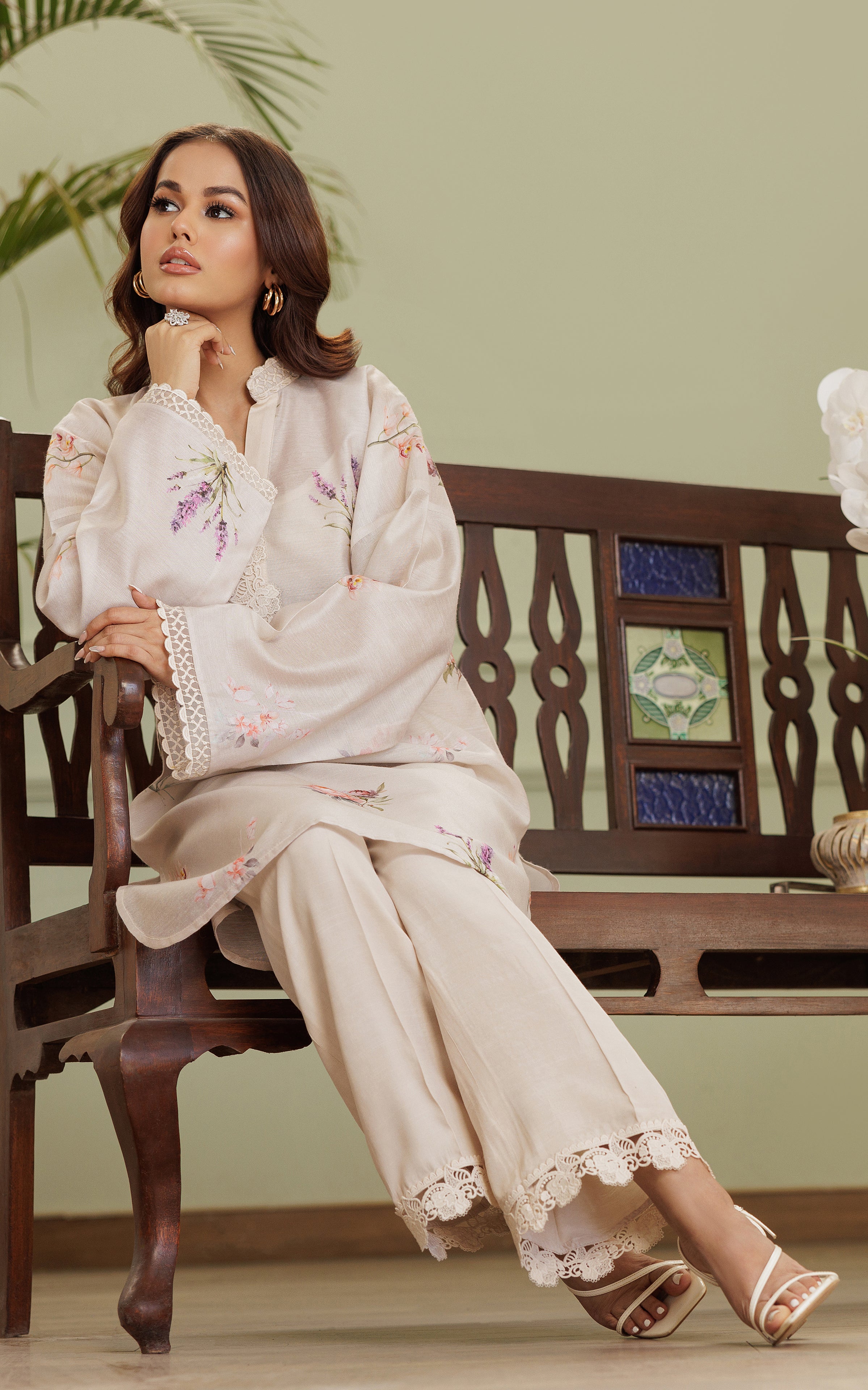 Pakistani Ivory Printed Viscose Silk Salwar Kameez (2-Piece) - Image 4