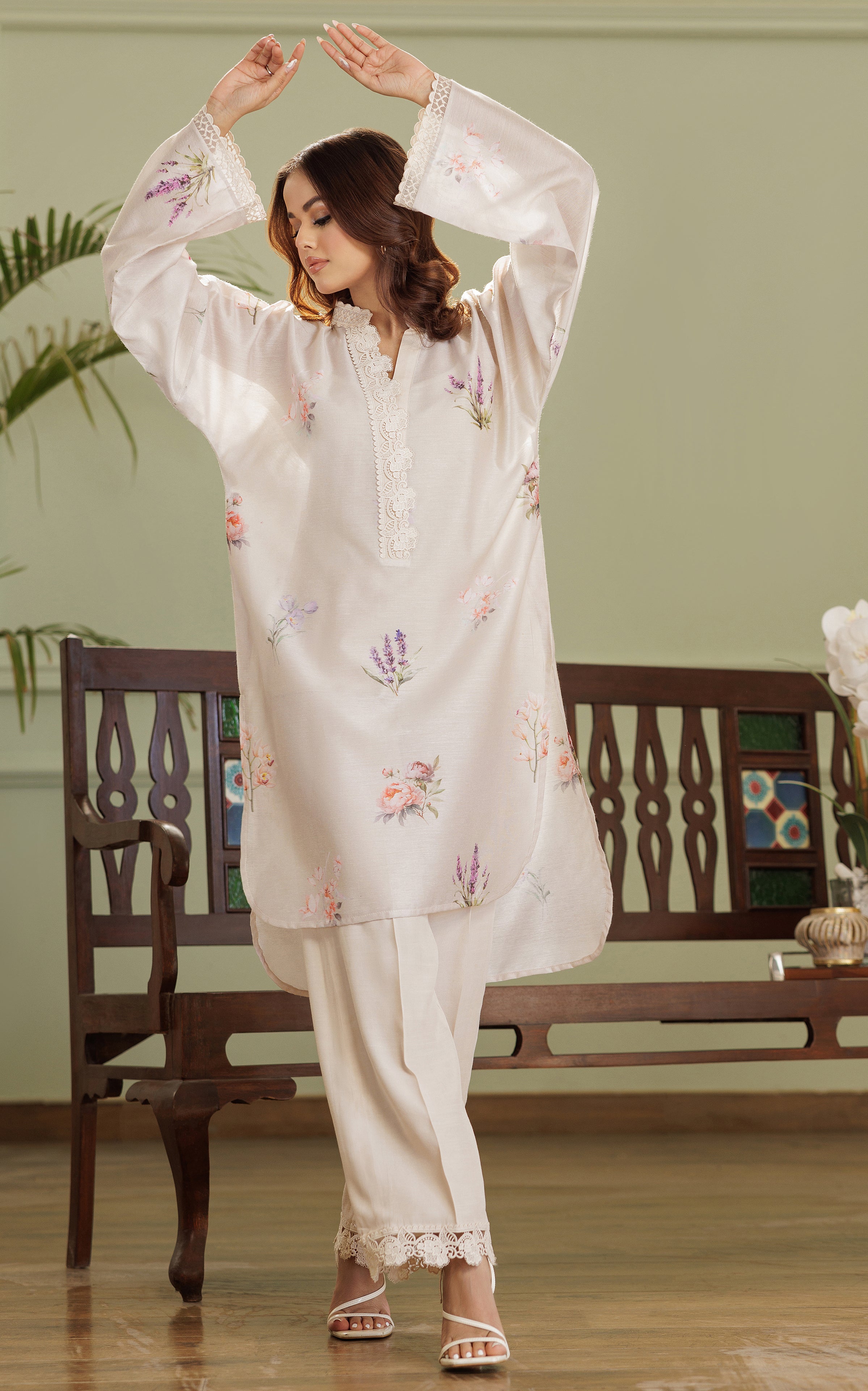 Pakistani Ivory Printed Viscose Silk Salwar Kameez (2-Piece) - Image 5