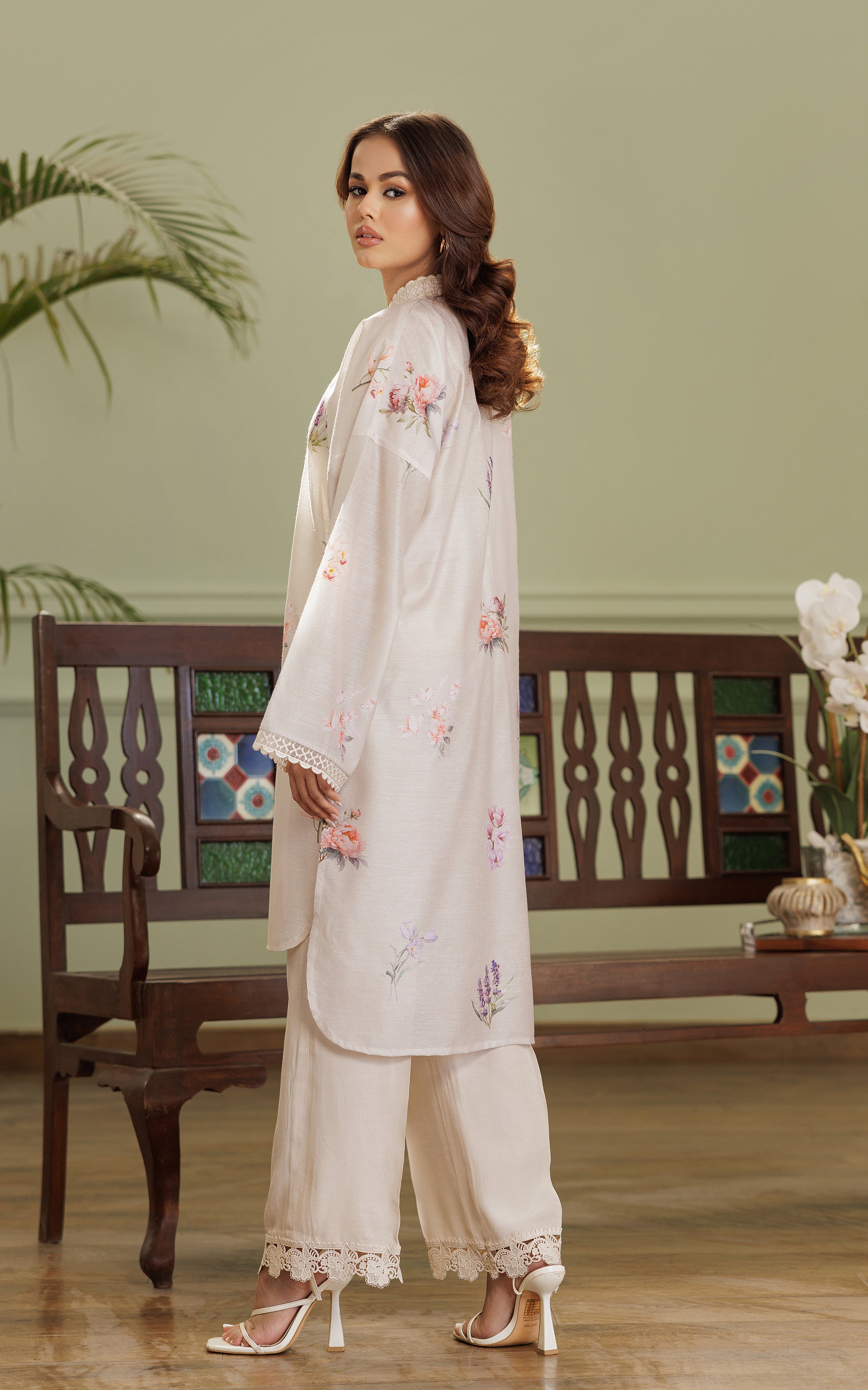 Pakistani Ivory Printed Viscose Silk Salwar Kameez (2-Piece) - Image 7