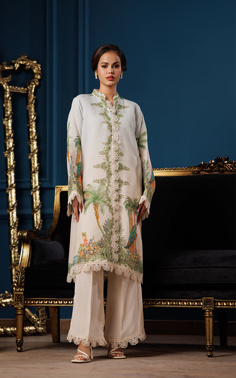 Ivory Printed Viscose Silk Tunic (2-Piece) - Image 1