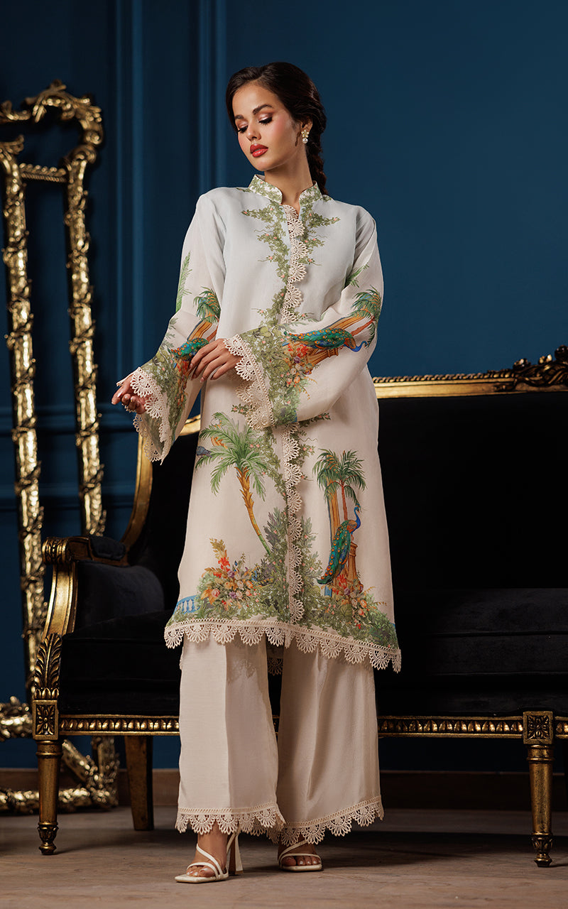 Ivory Printed Viscose Silk Tunic (2-Piece) - Image 4