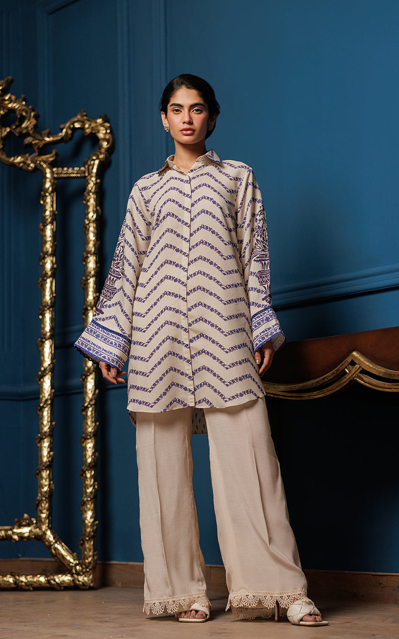 Ivory Blue Printed Viscose Silk Tunic (2-Piece) - Image 1