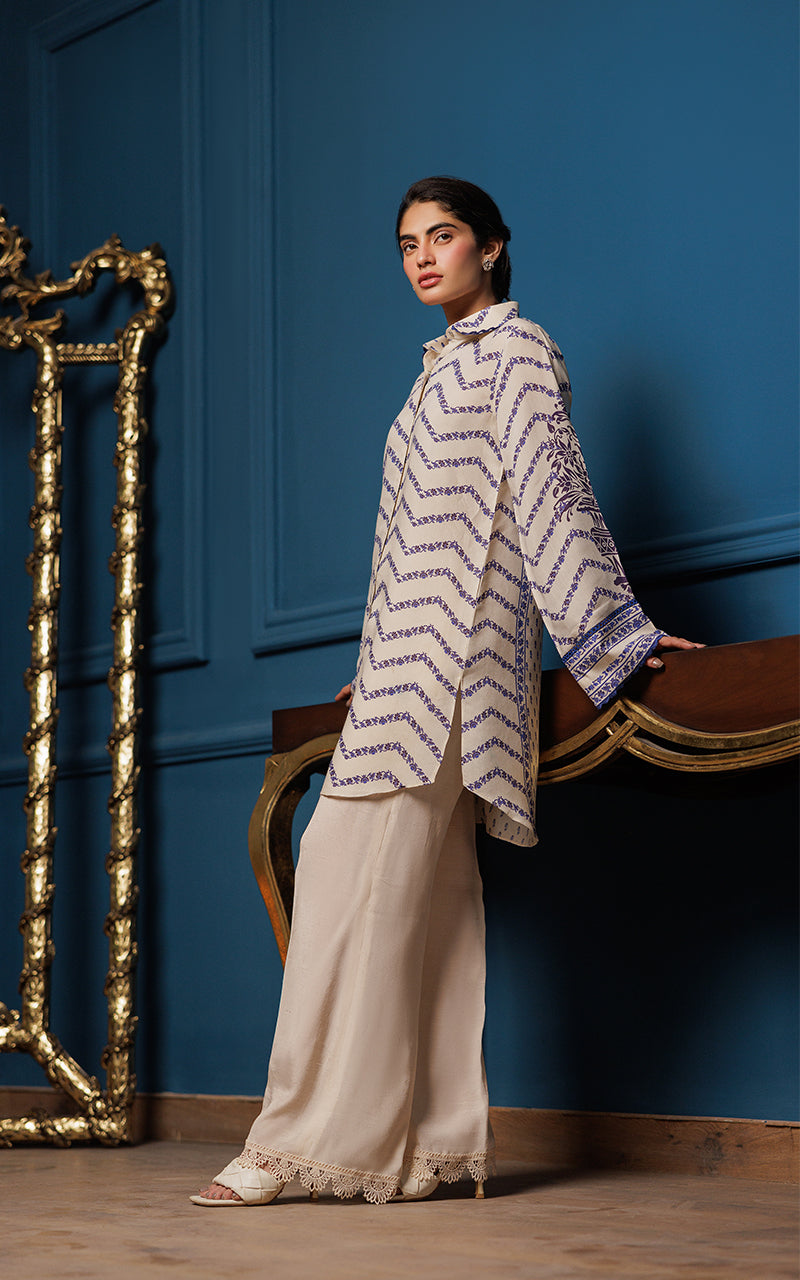 Ivory Blue Printed Viscose Silk Tunic (2-Piece) - Image 2