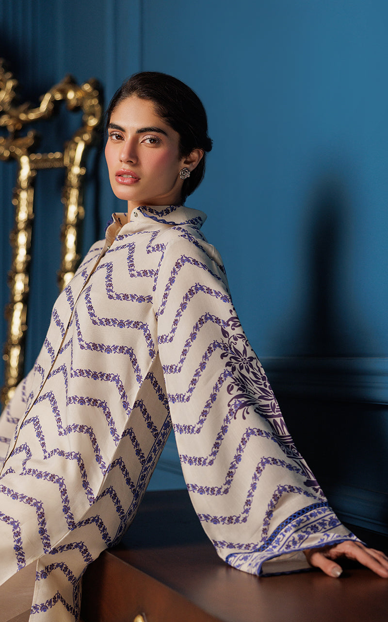 Ivory Blue Printed Viscose Silk Tunic (2-Piece) - Image 3