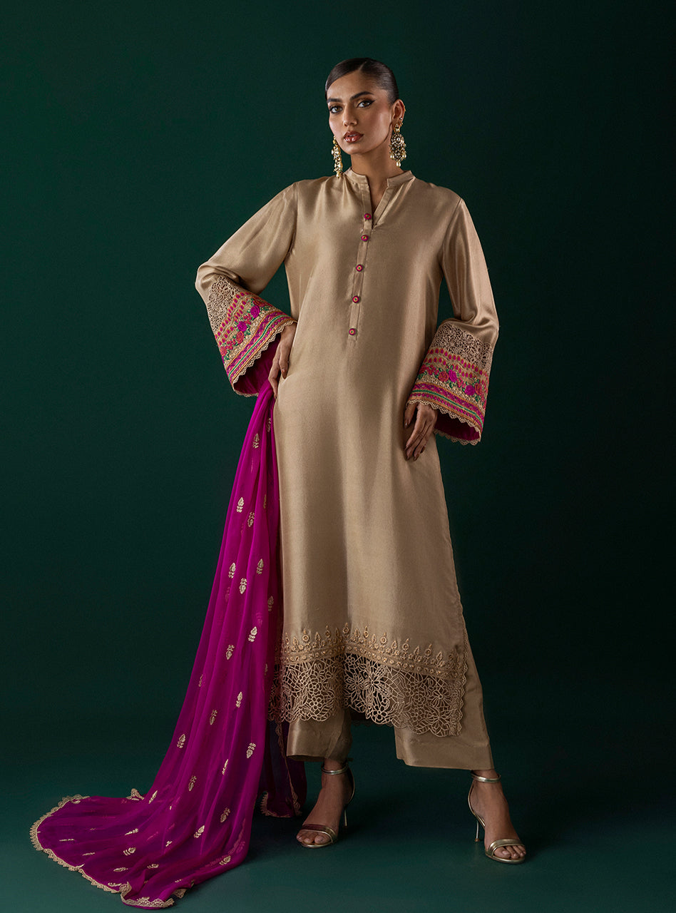 Pakistani Ivory Embroidered Viscose Silk Salwar Kameez (3-Piece) - Image 1