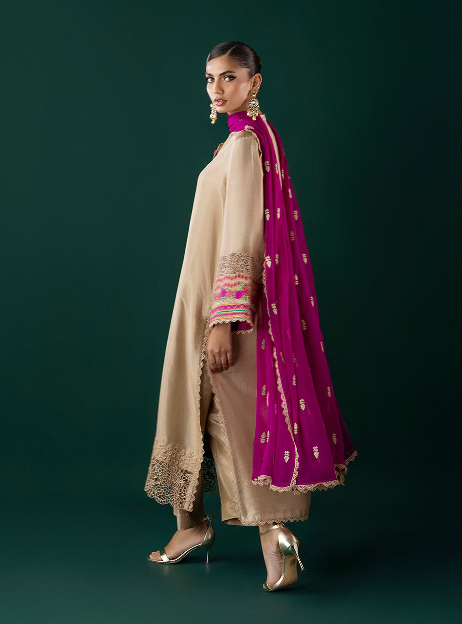 Pakistani Ivory Embroidered Viscose Silk Salwar Kameez (3-Piece) - Image 2