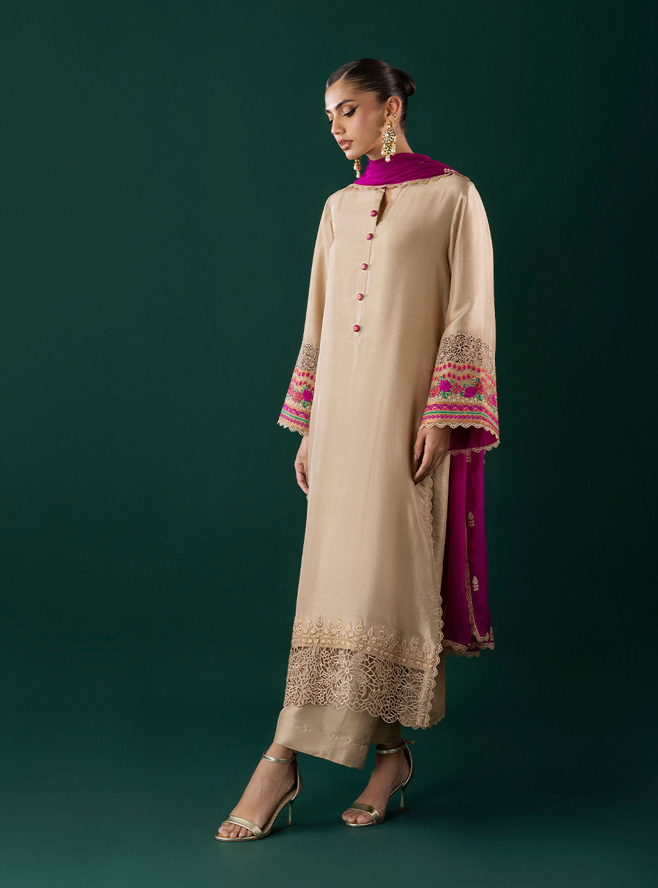 Pakistani Ivory Embroidered Viscose Silk Salwar Kameez (3-Piece) - Image 6