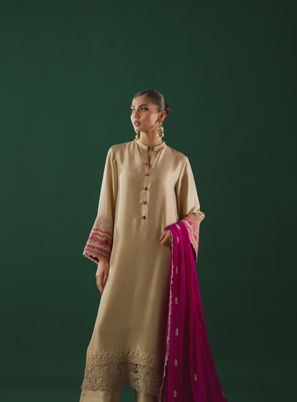 Pakistani Ivory Embroidered Viscose Silk Salwar Kameez (3-Piece) - Image 7