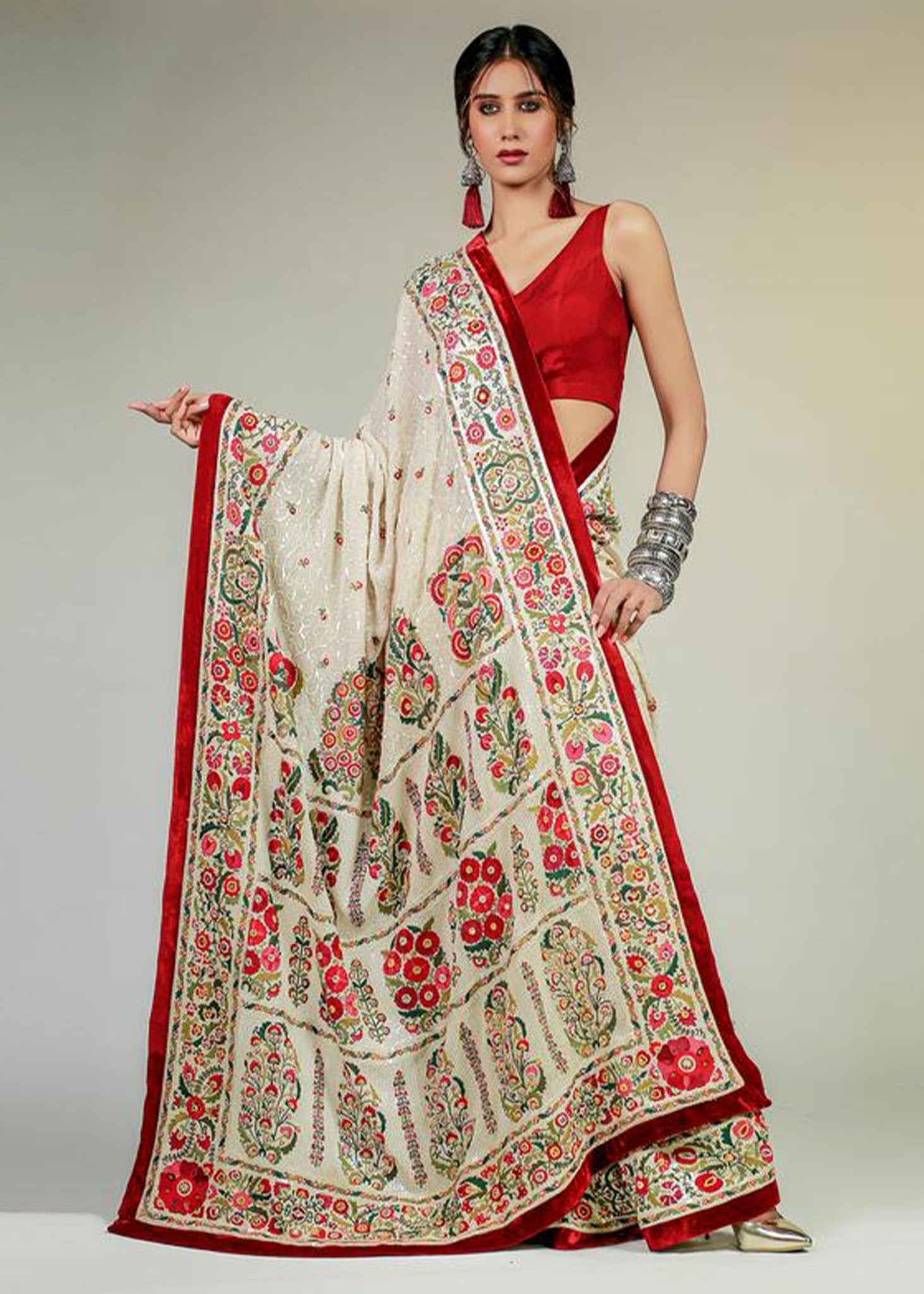 Pakistani Off-White Silk Floss Embroidered Chiffon Saree (3-Piece) - Image 1