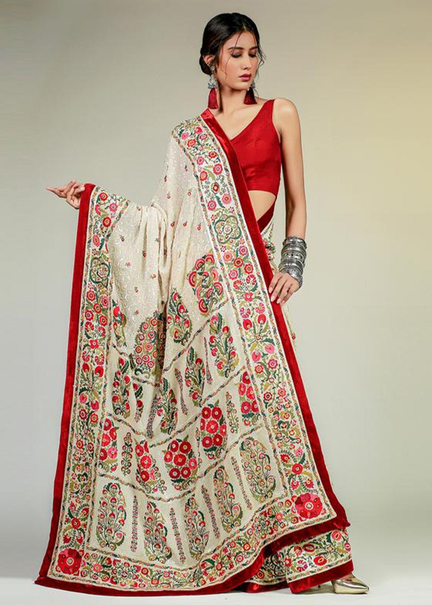 Pakistani Off-White Silk Floss Embroidered Chiffon Saree (3-Piece) - Image 2