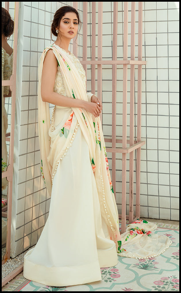 Pakistani Ivory 3D Embellished Silk Blouse & Wide-Leg Pants (3-Piece) - Image 4