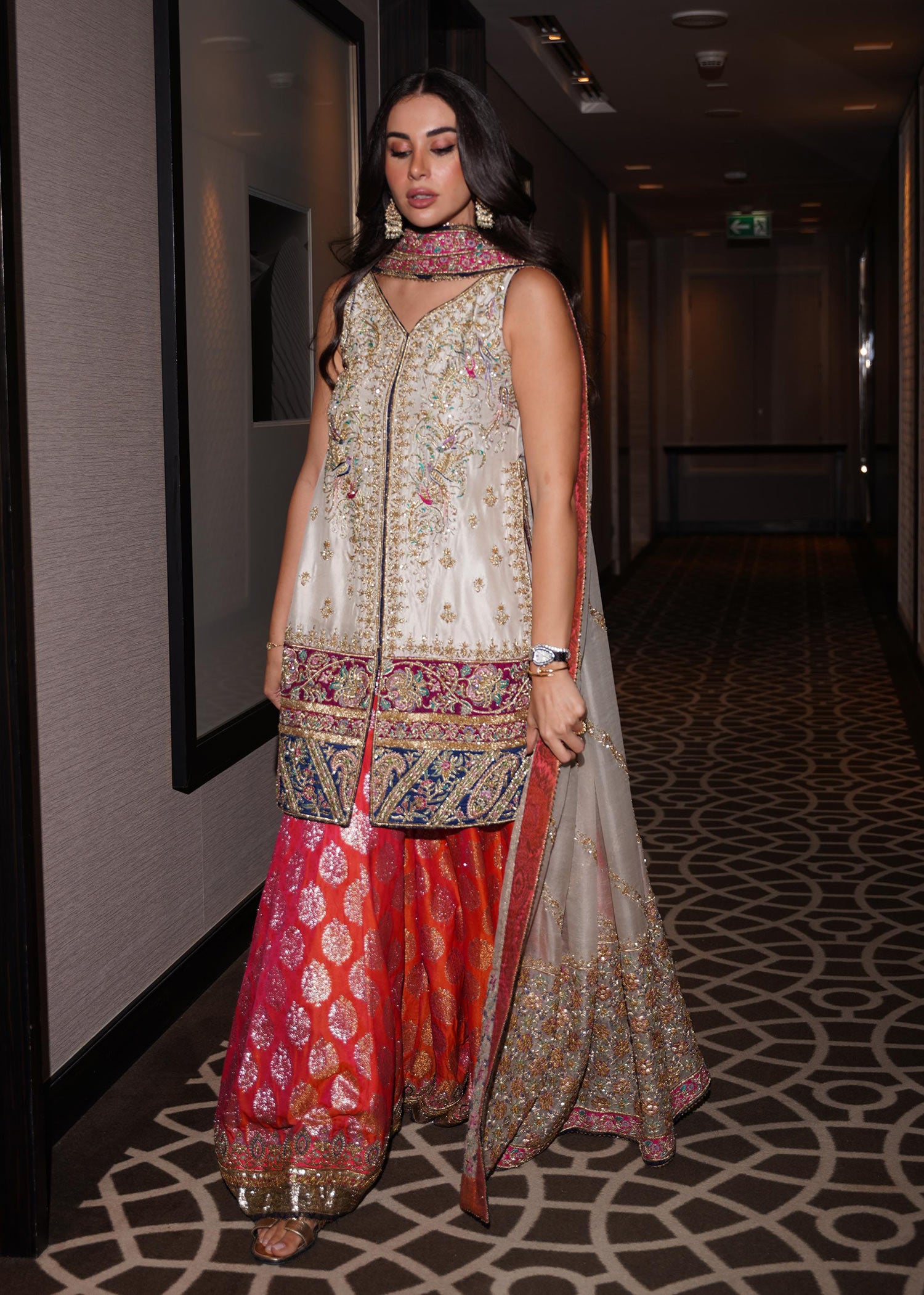 Ivory Embroidered Raw Silk Sharara (3-Piece) - Image 1