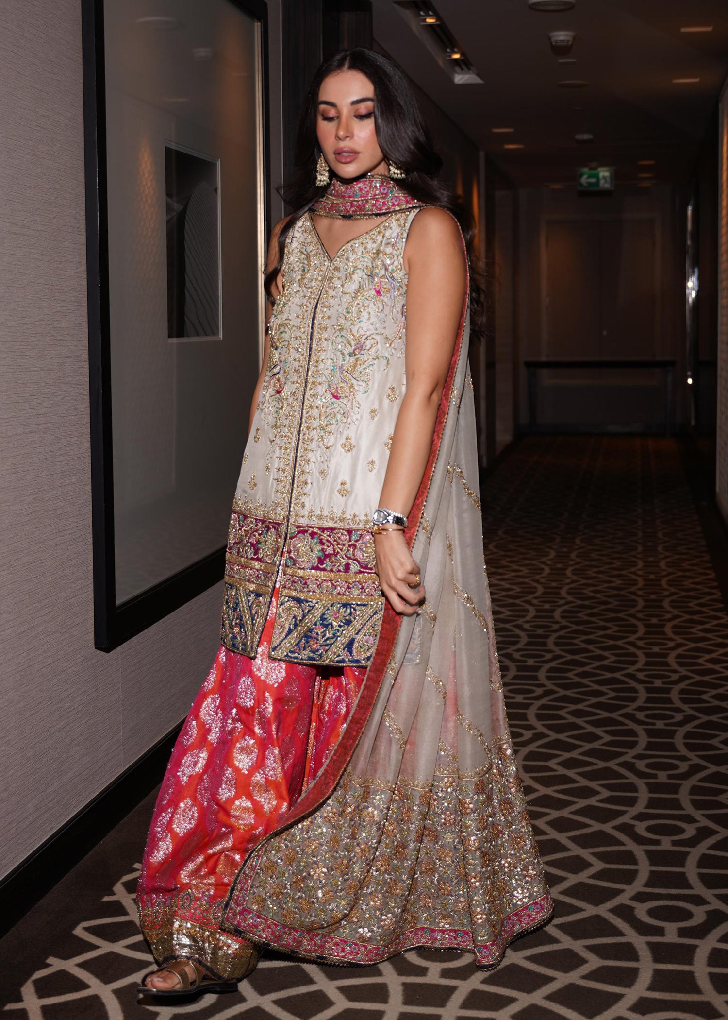 Ivory Embroidered Raw Silk Sharara (3-Piece) - Image 2