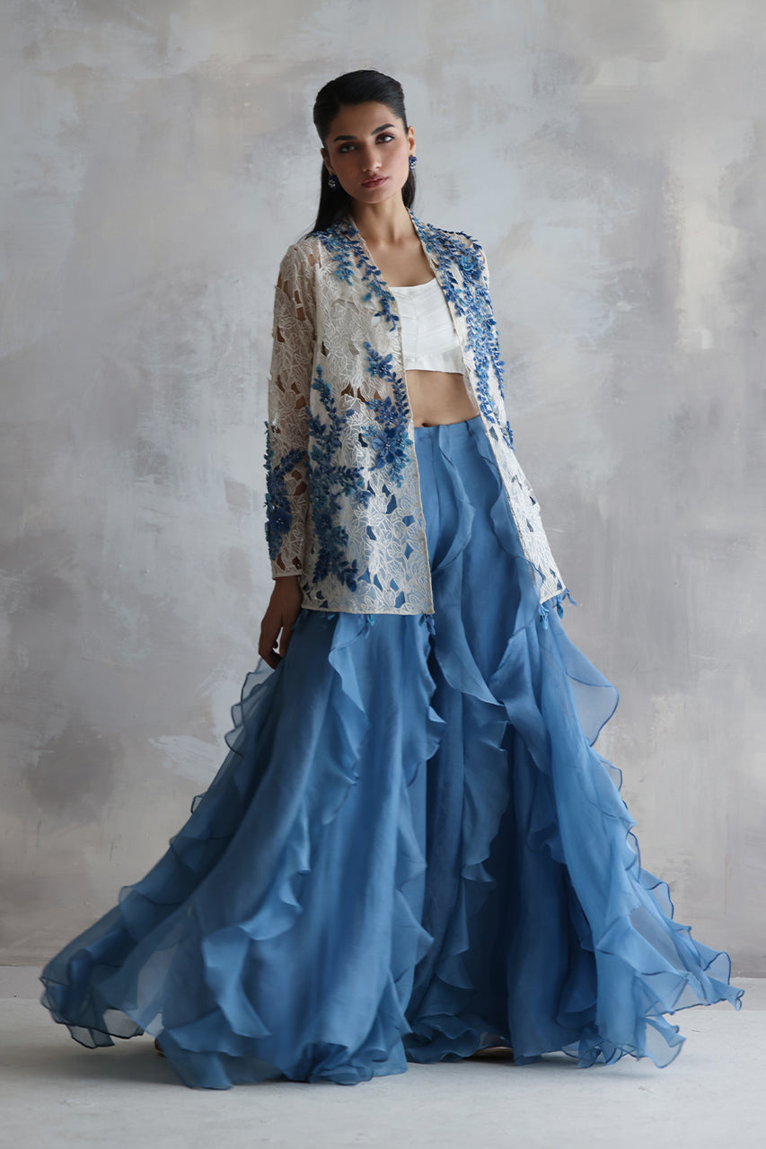 Ivory Cutwork Embroidered Organza Sharara (4-Piece) - Image 1