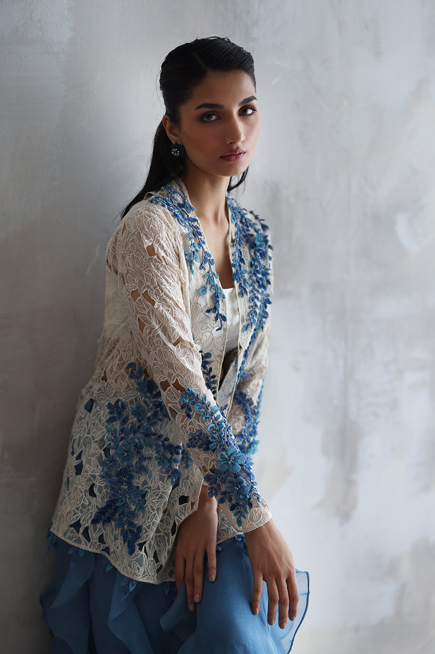 Ivory Cutwork Embroidered Organza Sharara (4-Piece) - Image 2