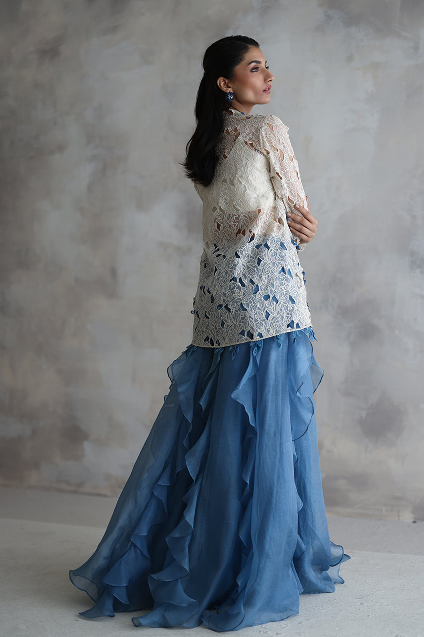 Ivory Cutwork Embroidered Organza Sharara (4-Piece) - Image 3