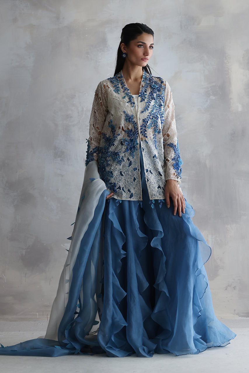 Ivory Cutwork Embroidered Organza Sharara (4-Piece) - Image 4