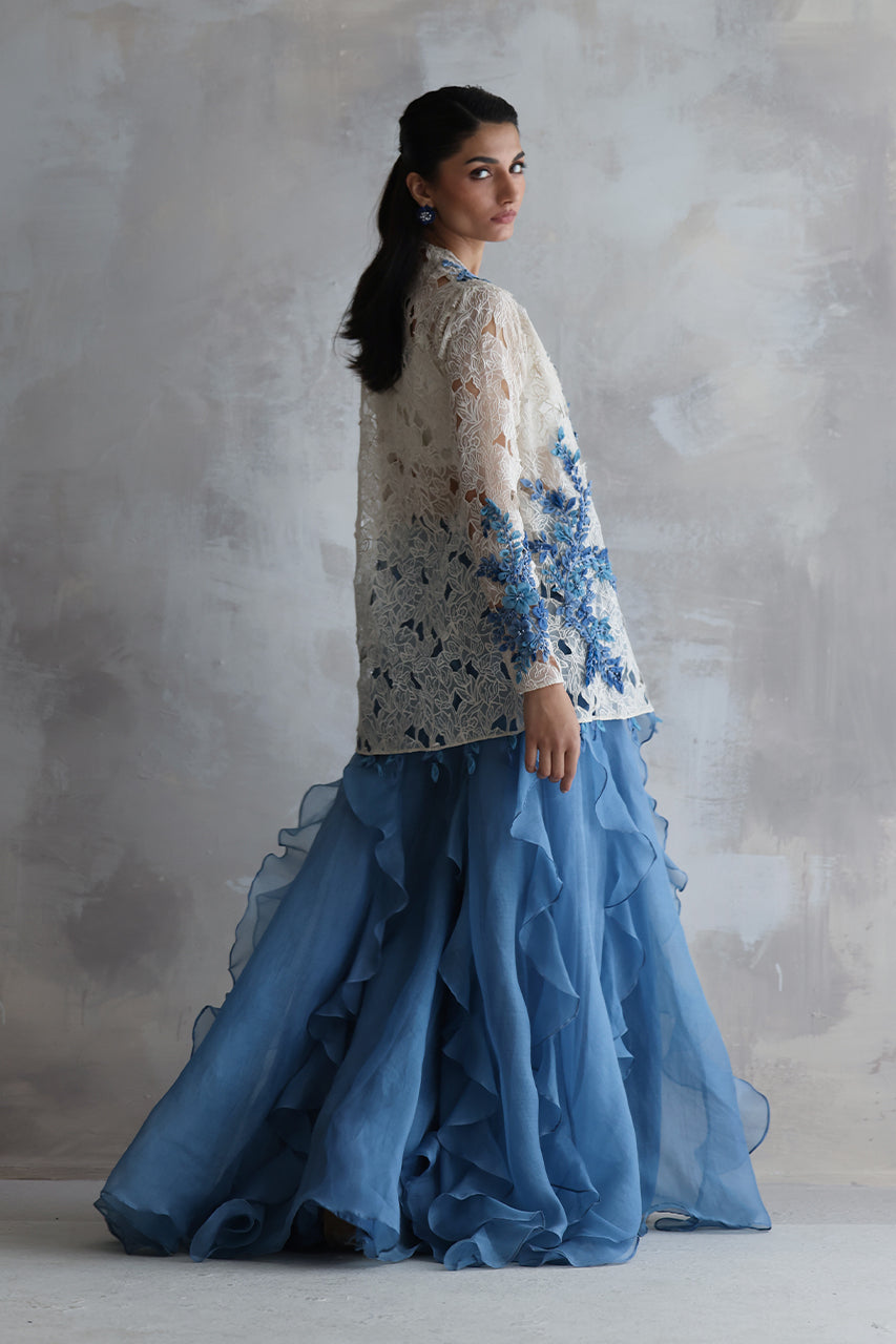 Ivory Cutwork Embroidered Organza Sharara (4-Piece) - Image 5