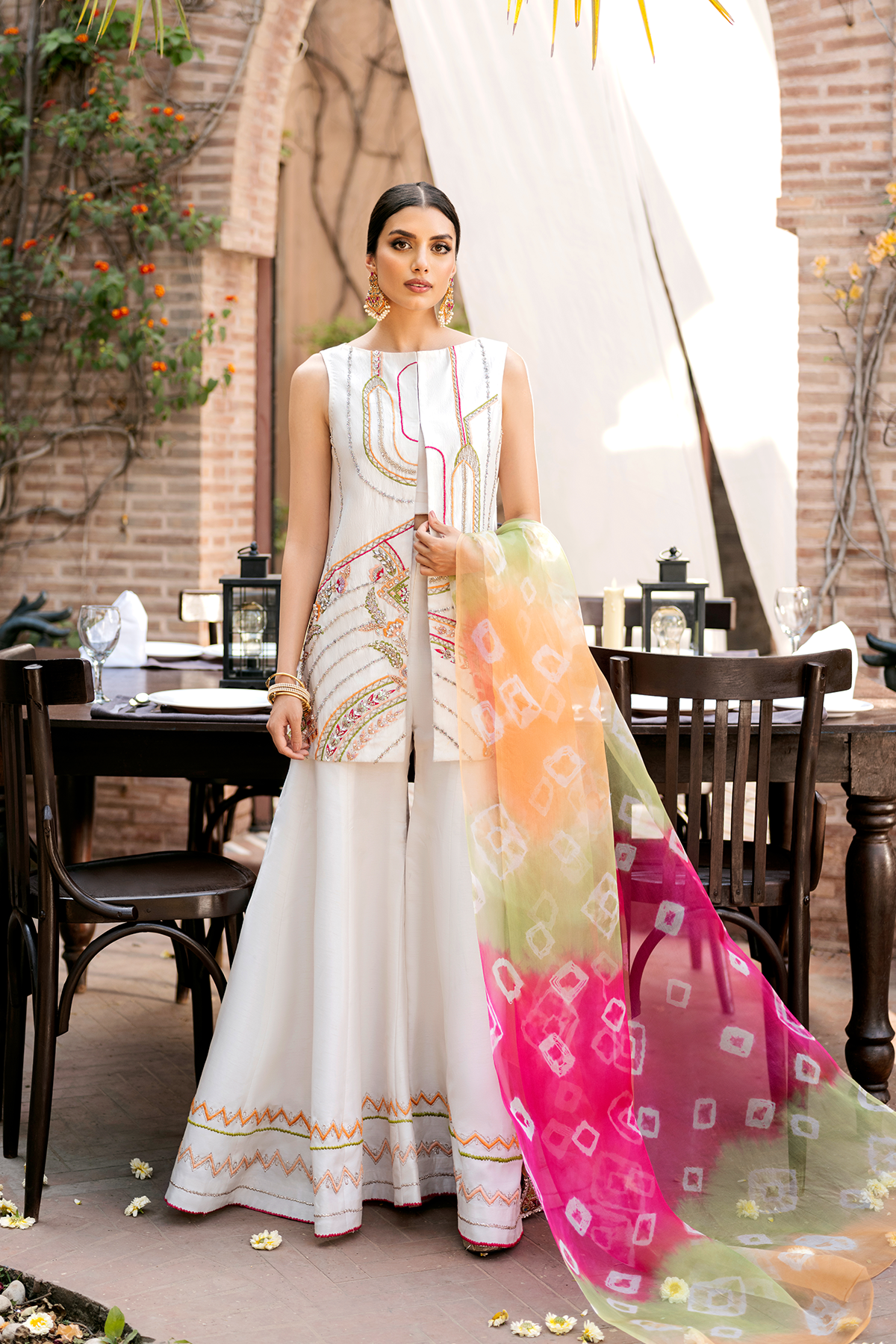 Ivory Embroidered Raw Silk Sharara Set (3-Piece) - Image 1