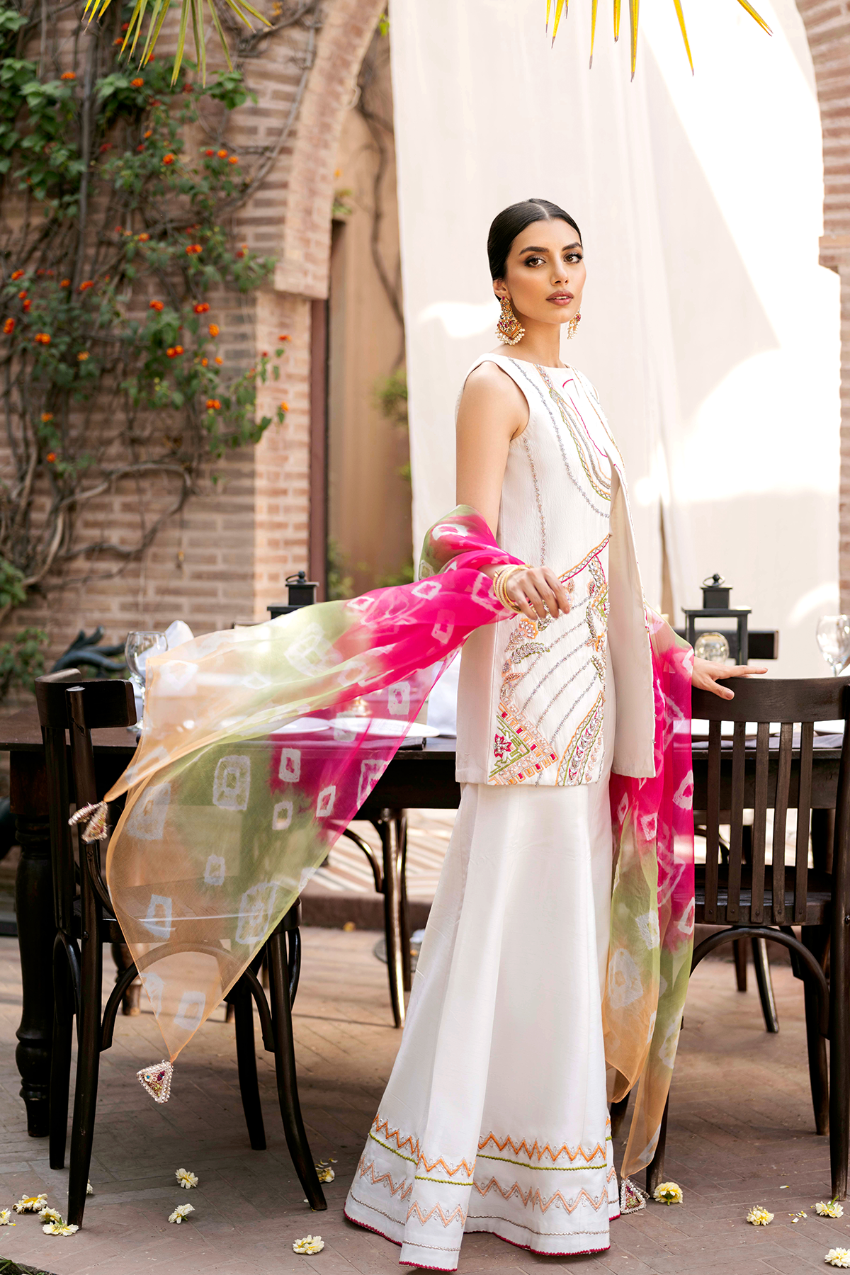 Ivory Embroidered Raw Silk Sharara Set (3-Piece) - Image 2