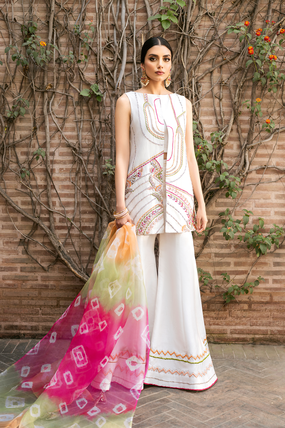 Ivory Embroidered Raw Silk Sharara Set (3-Piece) - Image 3