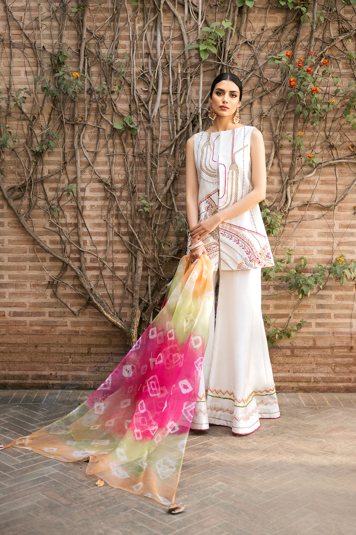 Ivory Embroidered Raw Silk Sharara Set (3-Piece) - Image 4