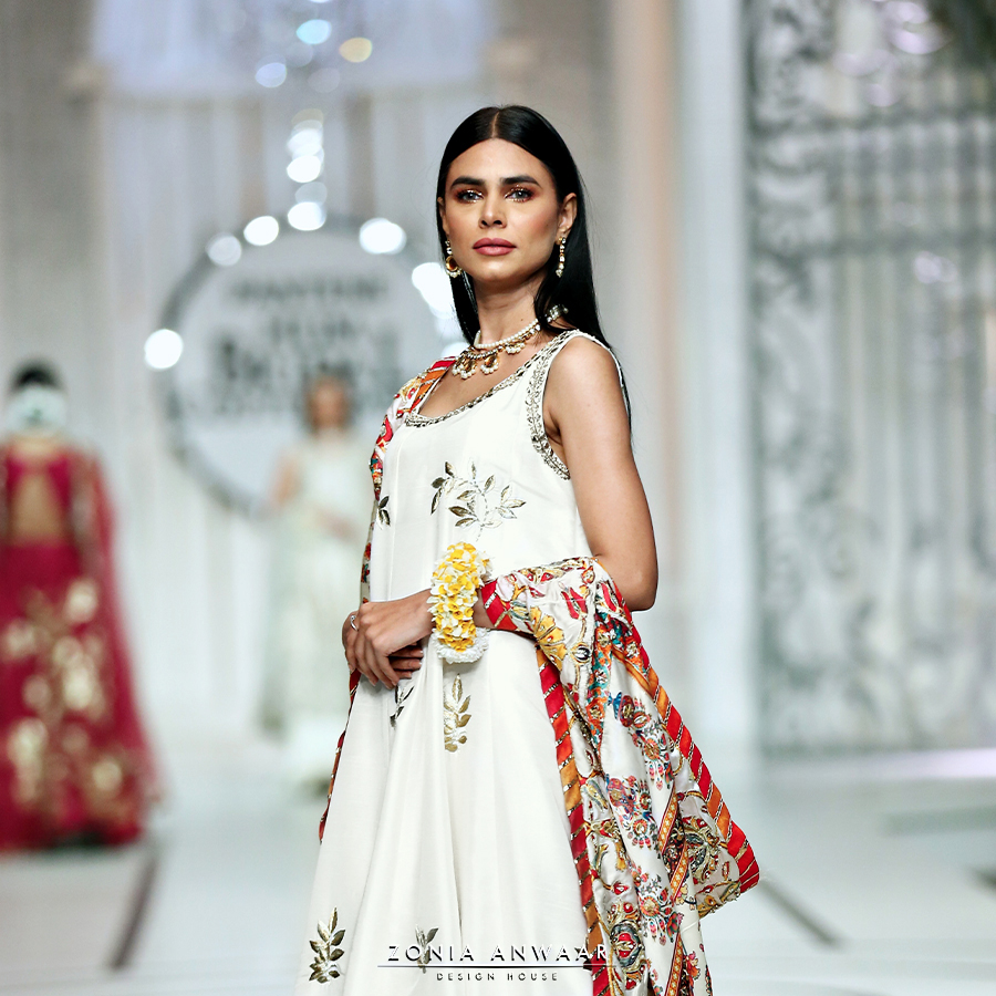 Pakistani Ivory Embroidered Raw Silk Kalidar Pishwas (3-Piece) - Image 3