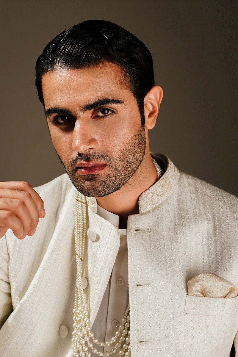 Ivory Linear Embroidered Silk-Blend Sherwani (2-Piece) - Image 3