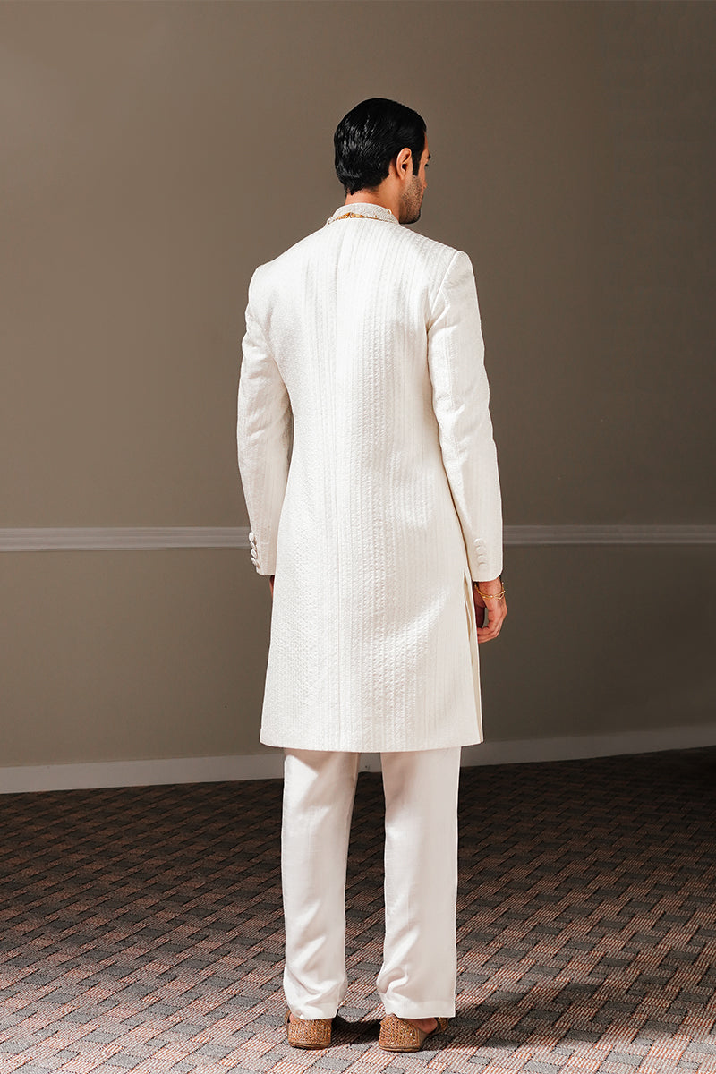 Ivory Linear Embroidered Silk-Blend Sherwani (2-Piece) - Image 5