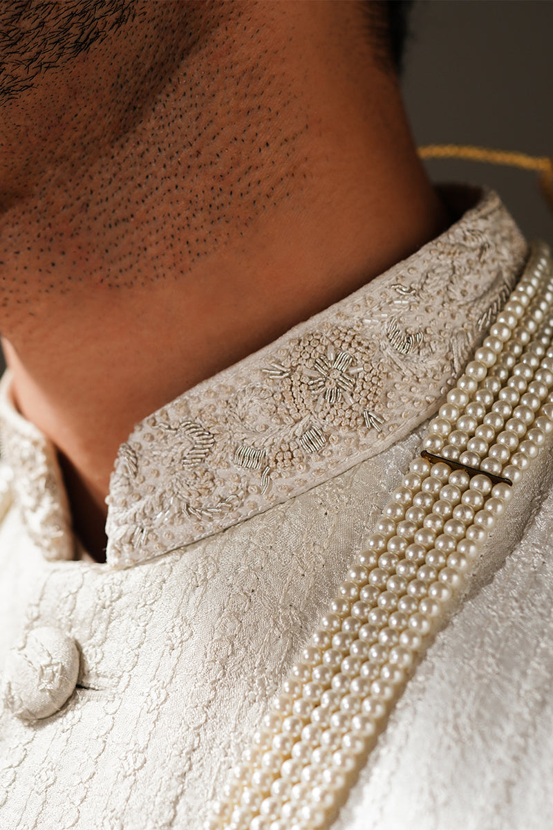 Ivory Linear Embroidered Silk-Blend Sherwani (2-Piece) - Image 7