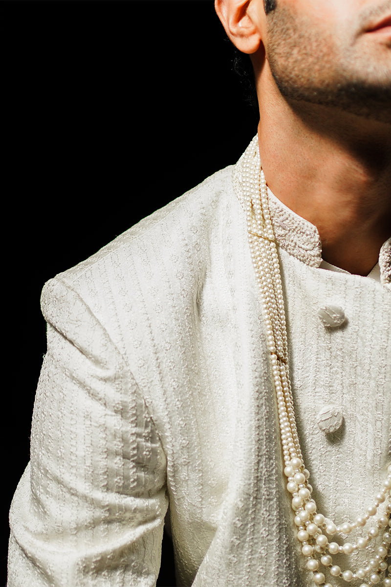 Ivory Linear Embroidered Silk-Blend Sherwani (2-Piece) - Image 8