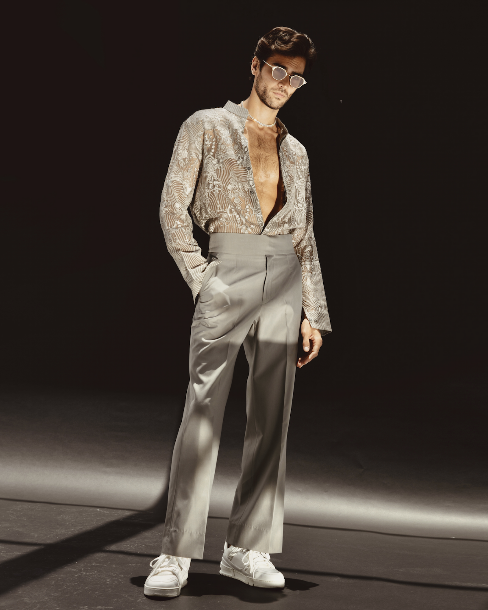 Ivory Embroidered Sheer Shirt with Grey Trousers (2-Piece) - Image 1