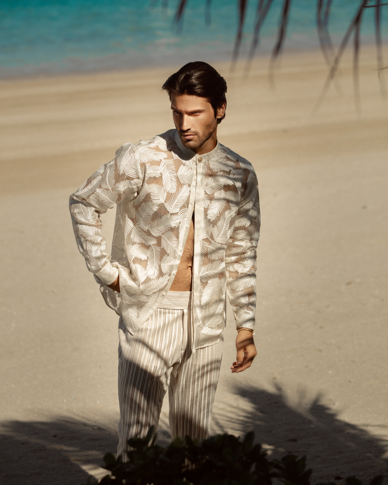 Ivory Leaf-Motif Sheer Shirt with Striped Trousers (2-Piece) - Image 1