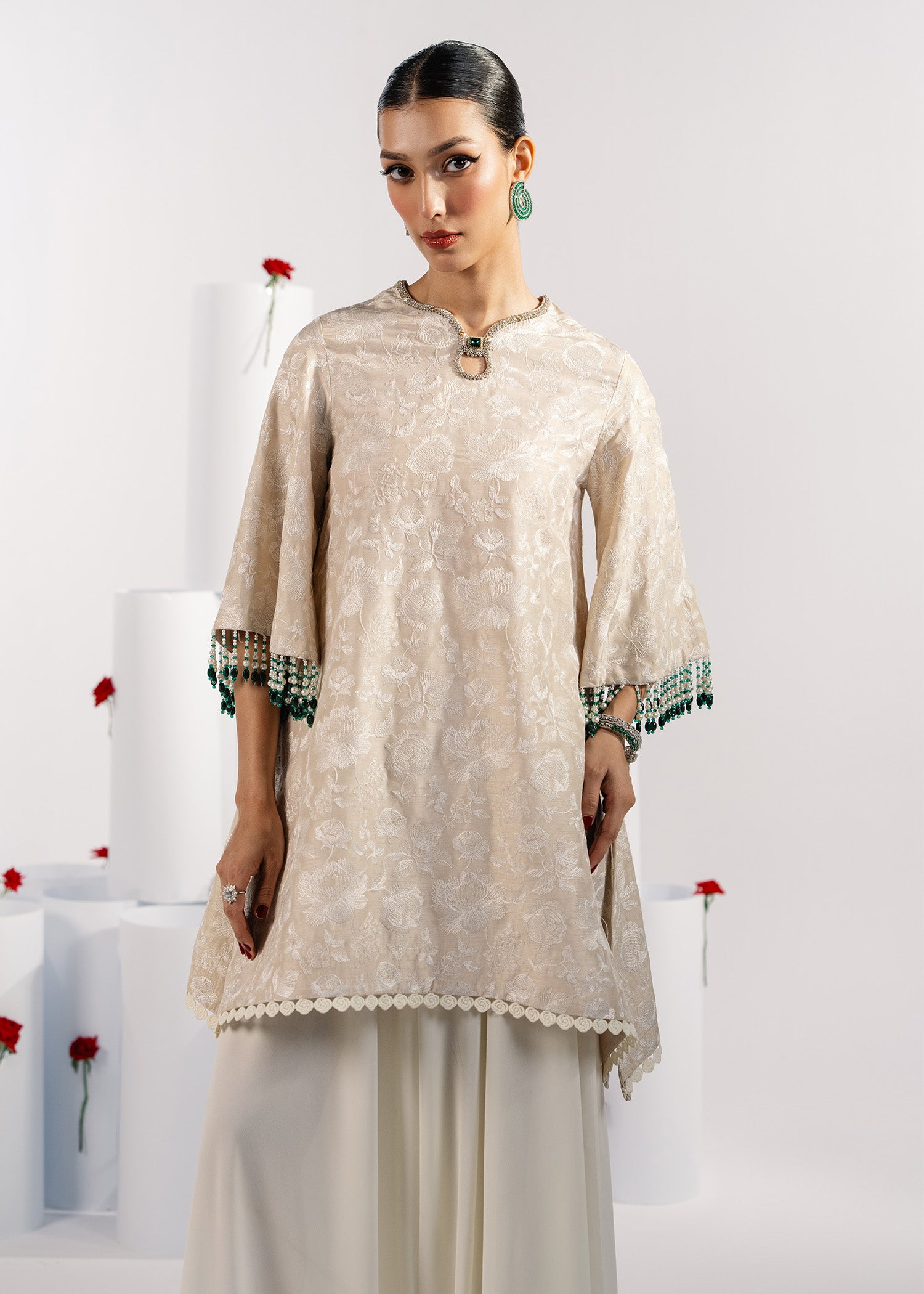 Ivory Beaded Jacquard A-Line Kurta (1-Pc) - Image 2