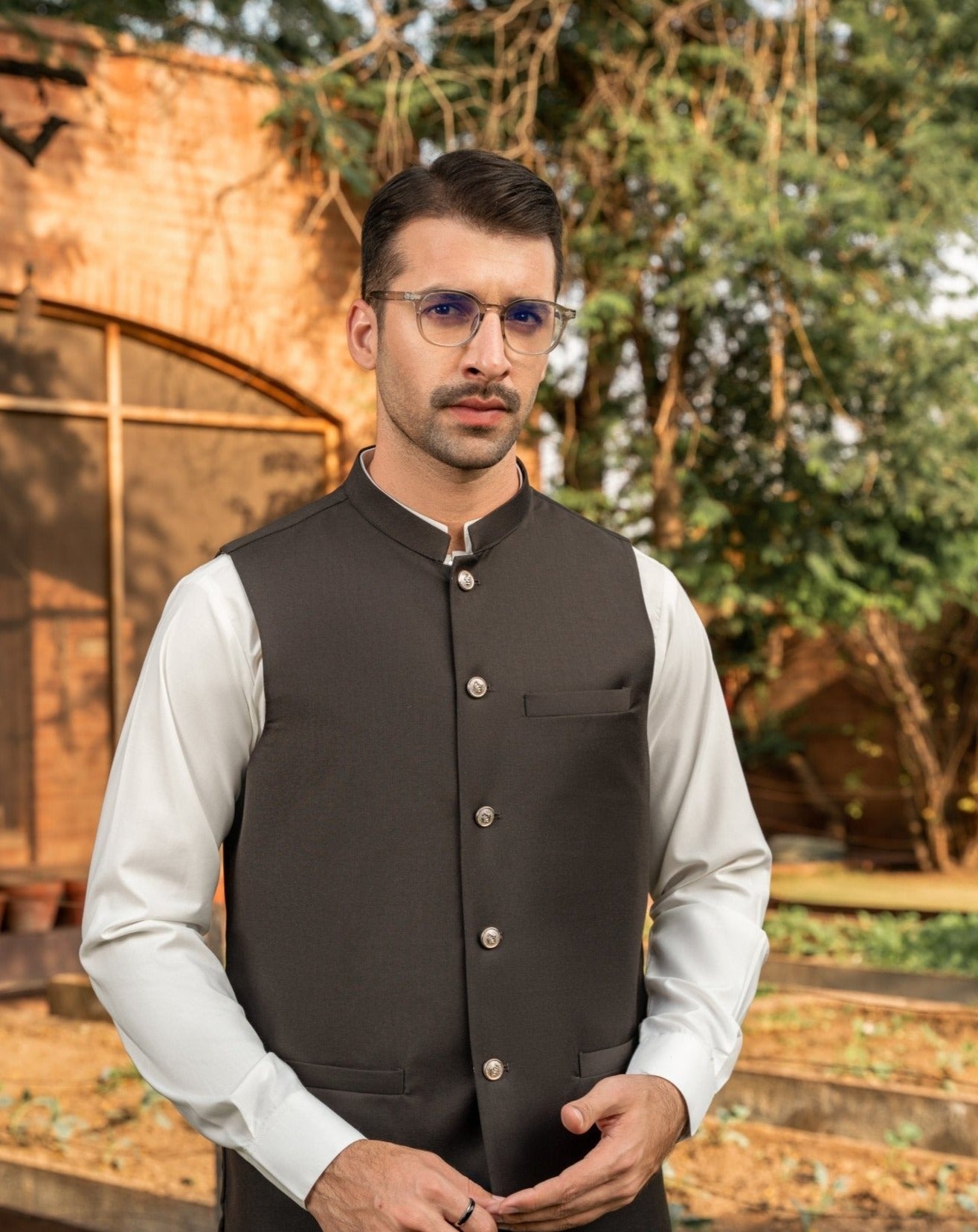 Off White Blended Kameez Shalwar with Waistcoat (3-Piece) - Image 1