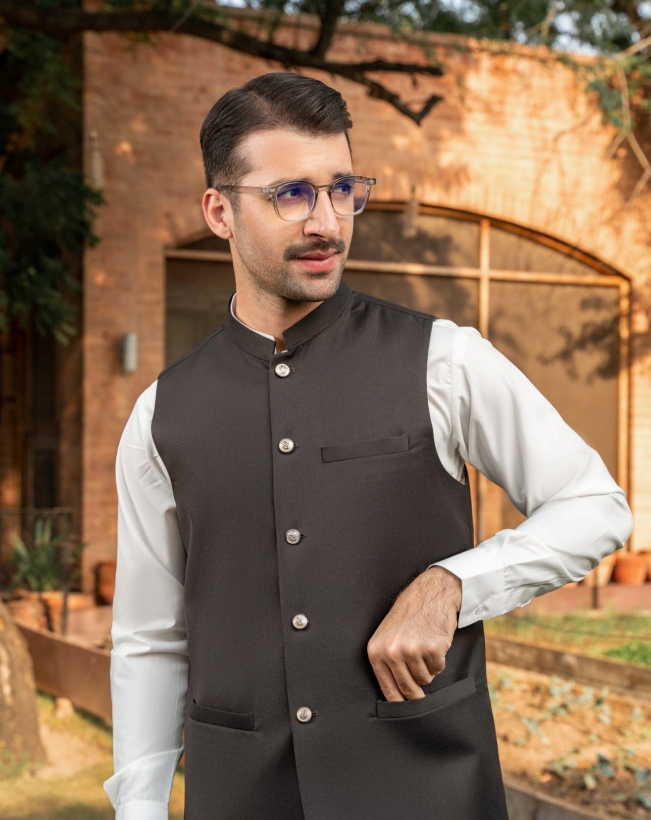 Off White Blended Kameez Shalwar with Waistcoat (3-Piece) - Image 2