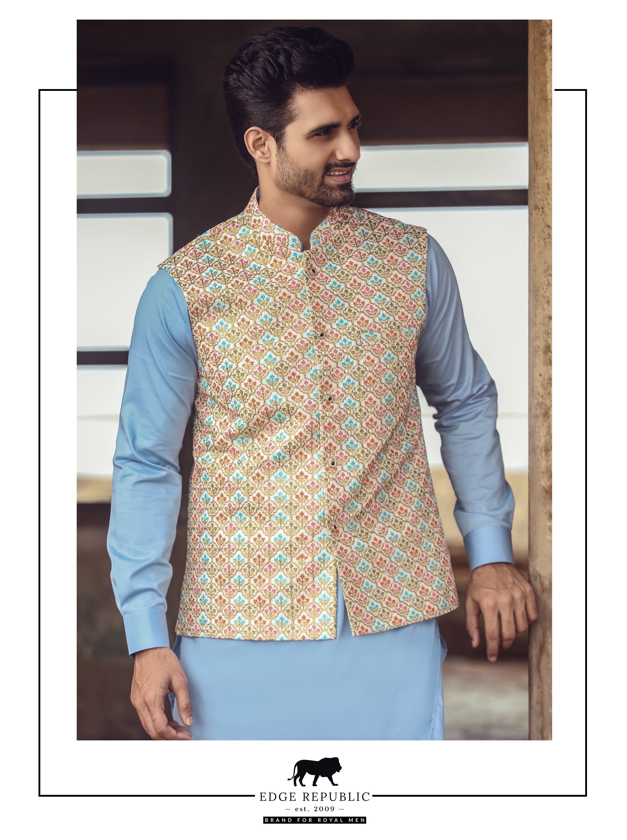 Ivory Multi-Coloured Brocade Waistcoat Kurta (2-Piece) - Image 1