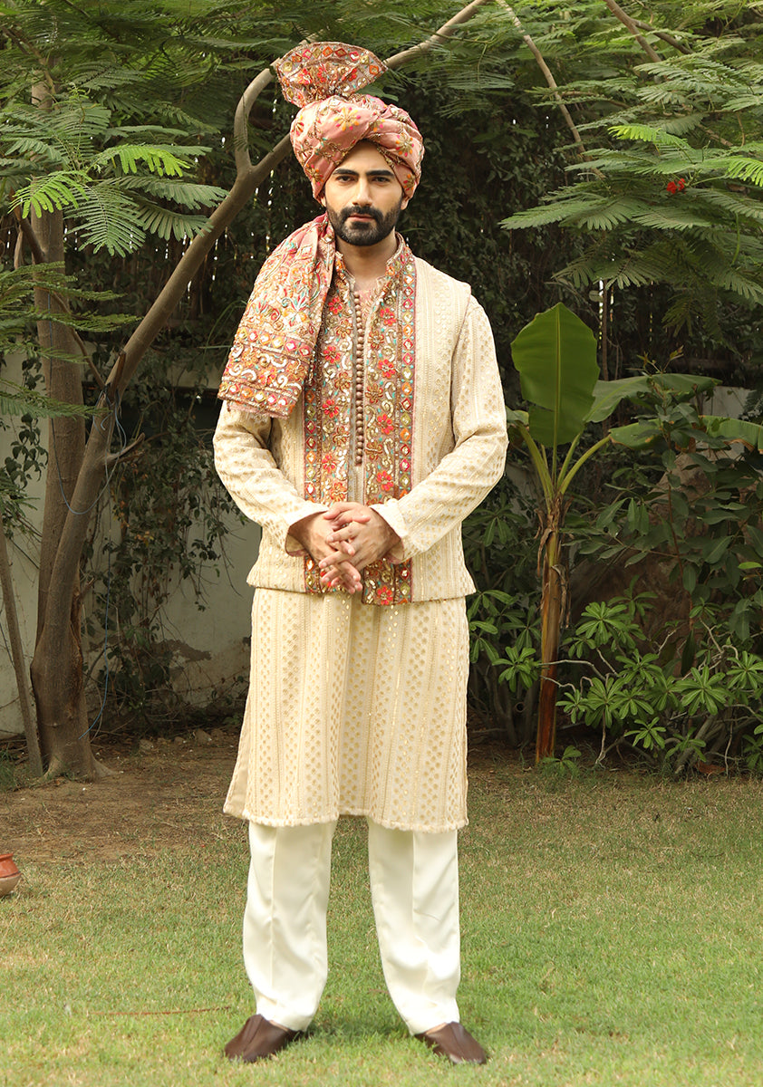 Ivory Embroidered Chiffon Waistcoat Kurta (3-Piece) - Image 1
