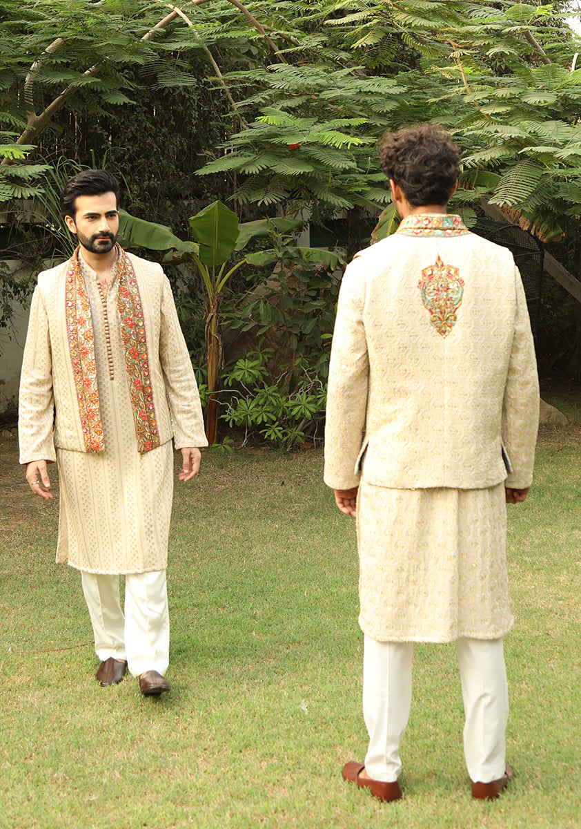 Ivory Embroidered Chiffon Waistcoat Kurta (3-Piece) - Image 7