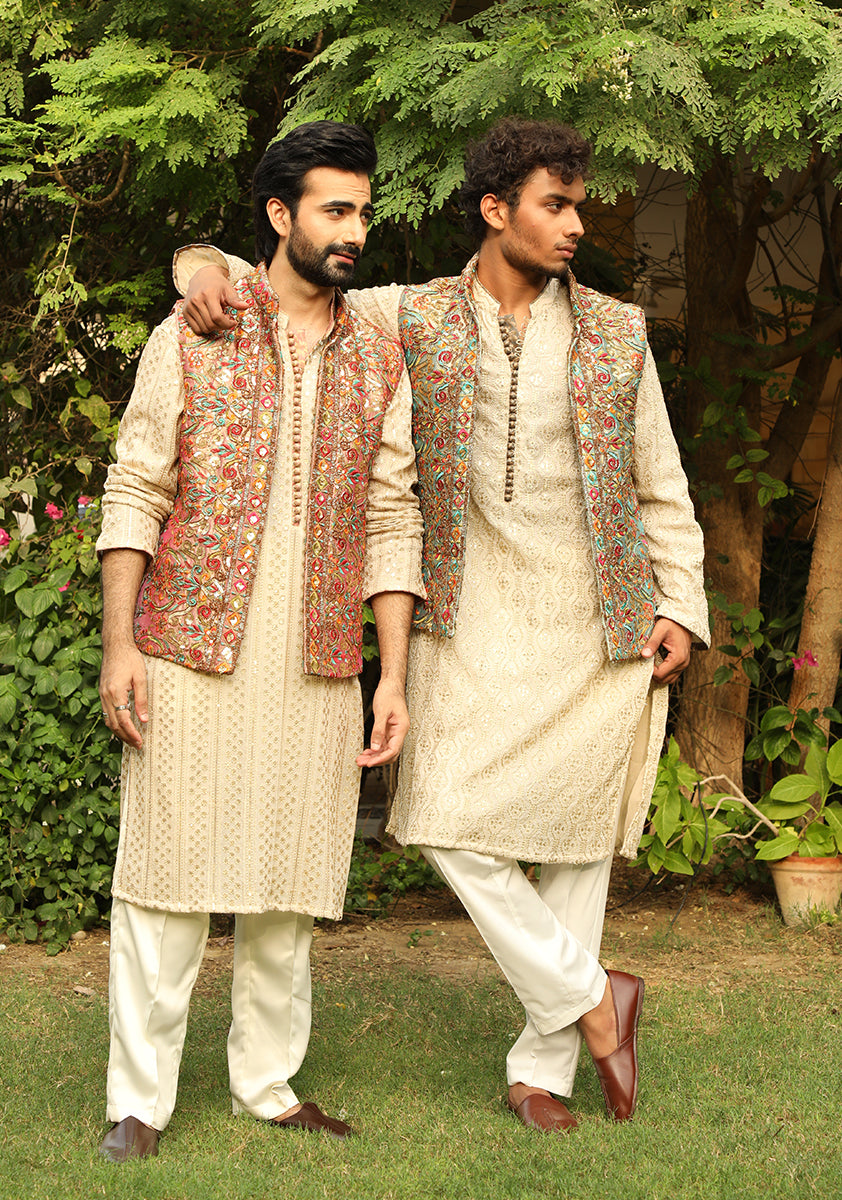 Ivory Embroidered Chiffon Waistcoat Kurta (3-Piece) - Image 8