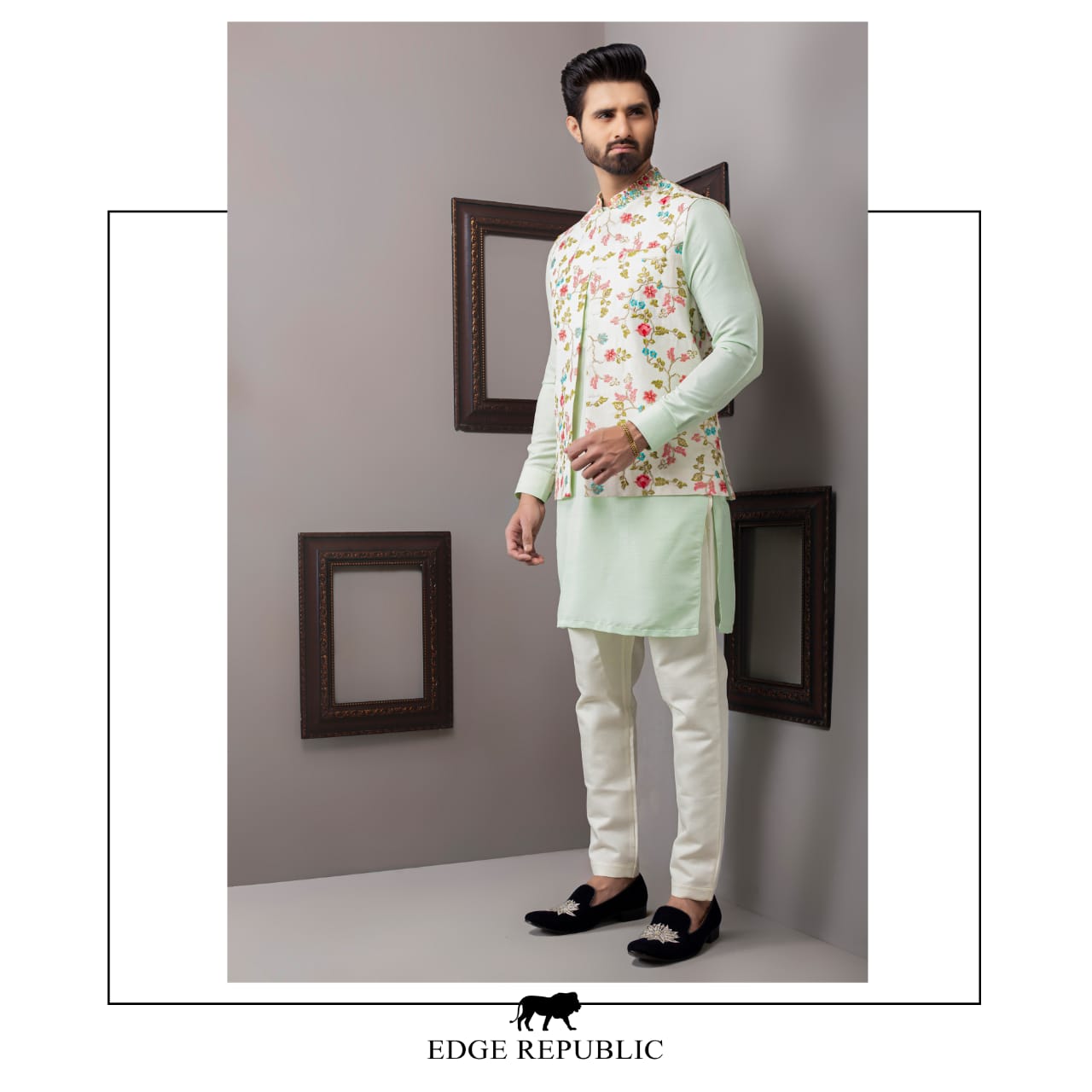 Mint Green Floral Embroidered Cotton-Silk Waistcoat Kurta (3-Piece) - Image 3