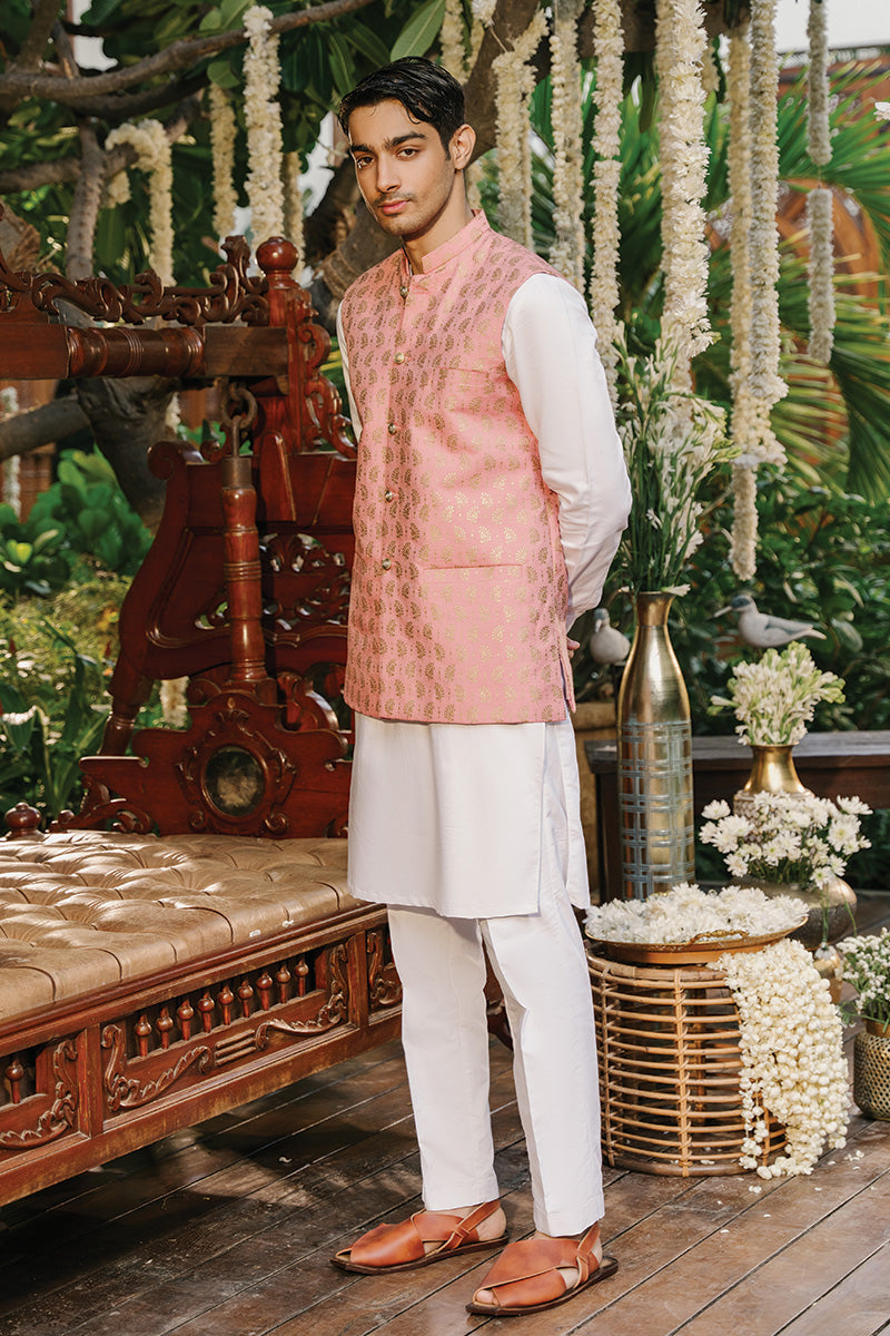 Off-White Screen-Printed Cotton Silk Waistcoat Kurta (3-Piece) - Image 2