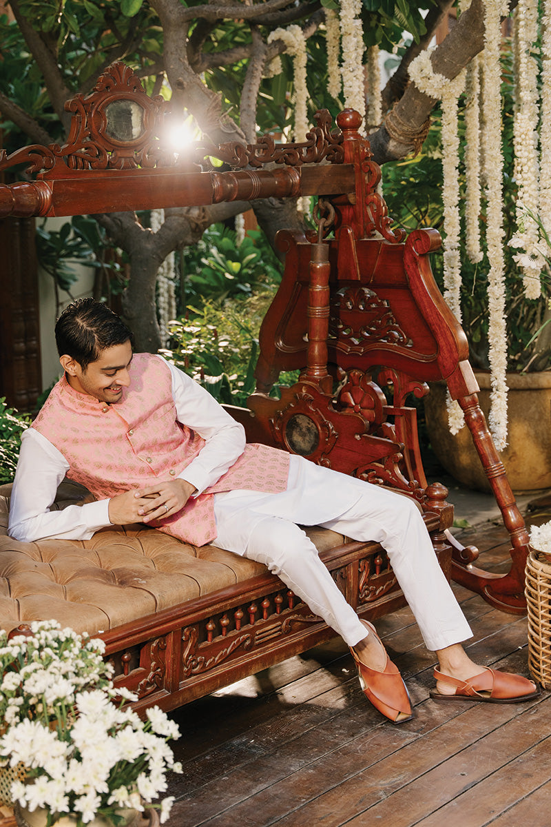 Off-White Screen-Printed Cotton Silk Waistcoat Kurta (3-Piece) - Image 5