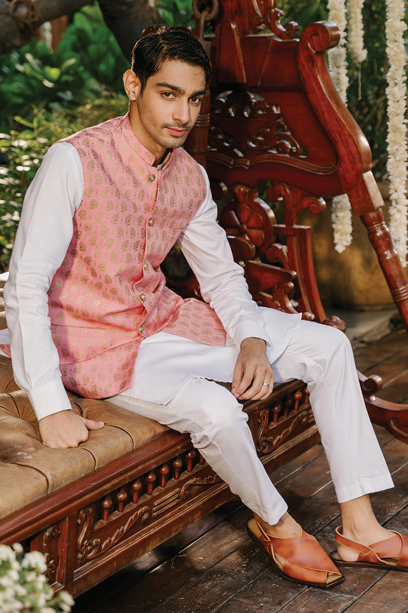 Off-White Screen-Printed Cotton Silk Waistcoat Kurta (3-Piece) - Image 6