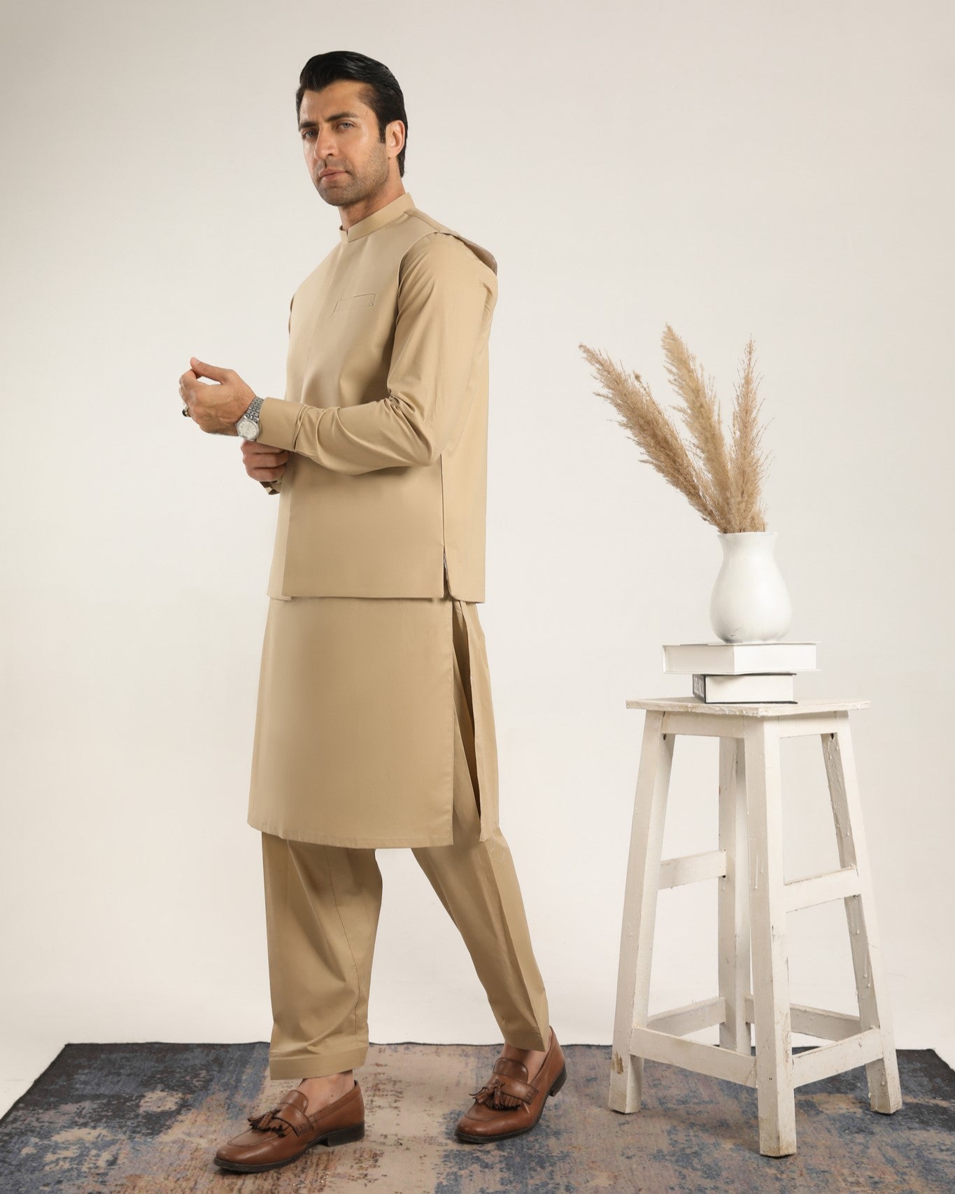 Ivory Minimalist Cotton Waistcoat Kurta Set (3-Piece) - Image 2